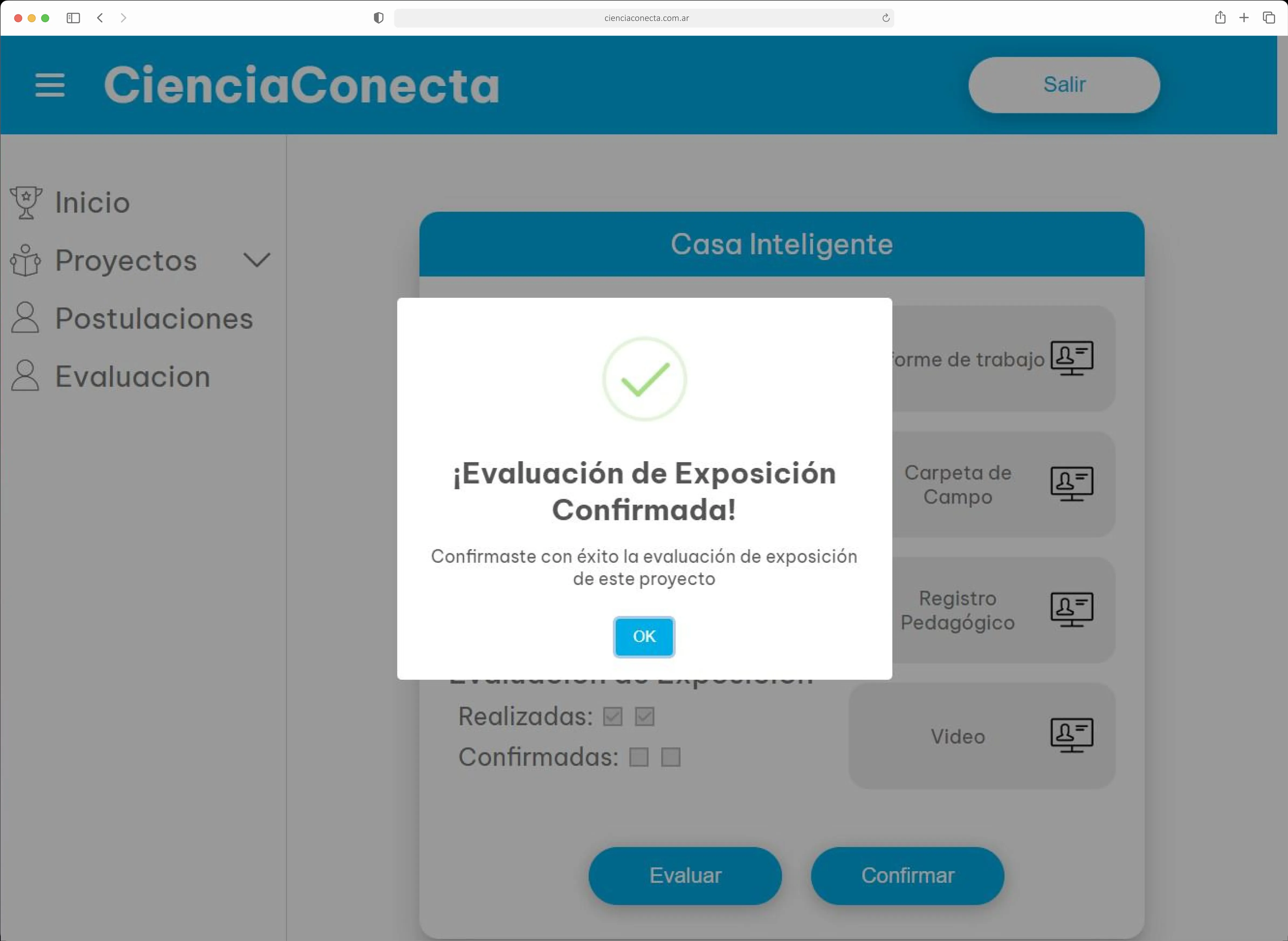 Confirmación de la evaluación de exposición de un proyecto