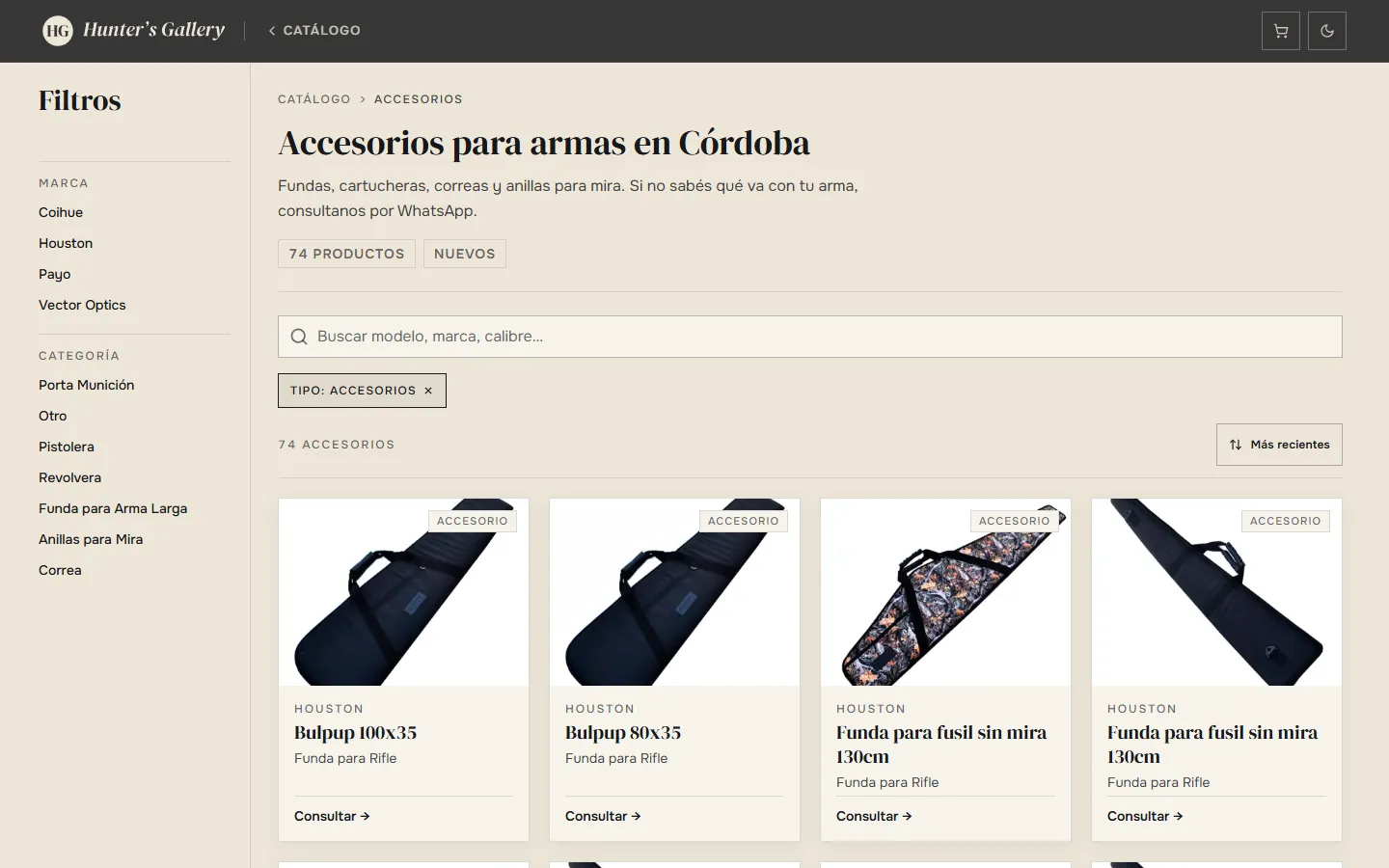 Catálogo de accesorios de Hunter's Gallery con filtros por marca y categoría