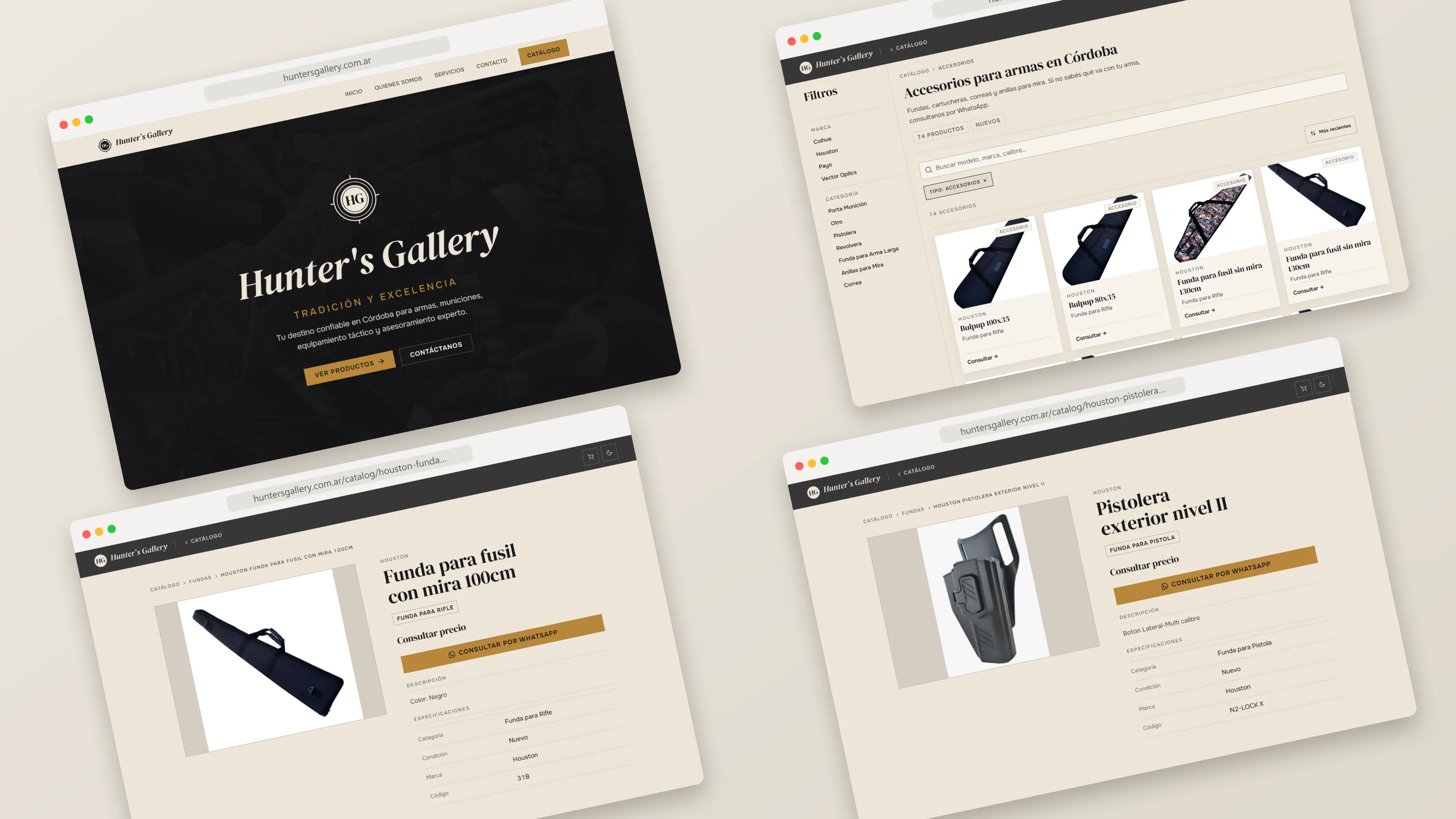 Pantallas del sitio público de Hunter's Gallery: portada, catálogo de accesorios y dos fichas de producto, una funda y una pistolera
